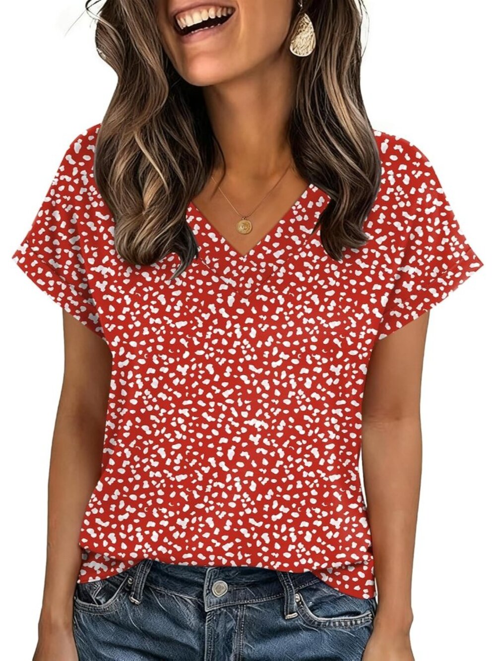 Women's Red Dots Short Sleeve V Neck Basic Tees Shirts Casual Top Blouses